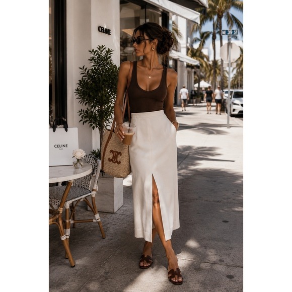 MM.LaFleur Dresses & Skirts - MM.LaFleur Oatmeal Beige Textured Crepe Front Slit Midi Skirt Womens 10 HighRise